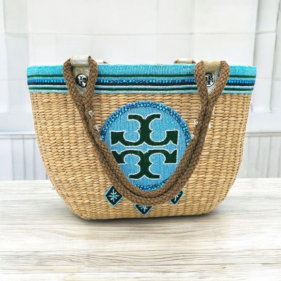 🆕 Tory Burch Special Edition Ella Straw Tote Beaded Logo Lining & Drawstring - Picture 10 of 17